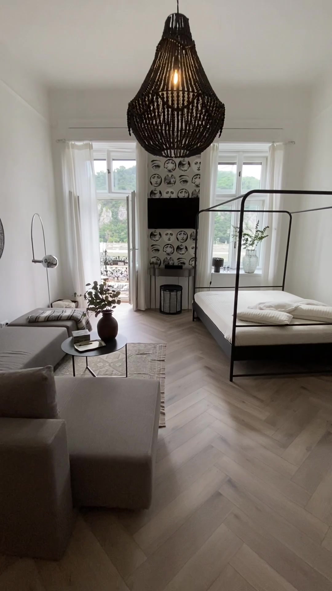 Bedroom opening onto a balcony overlooking the Danube